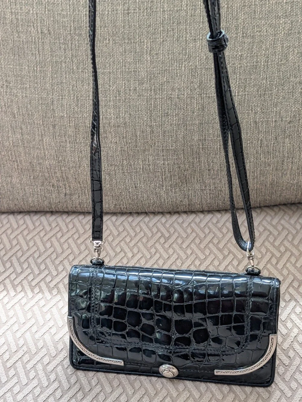 Brighton Black Patent Leather Crocodile Embossed Wallet Crossbody